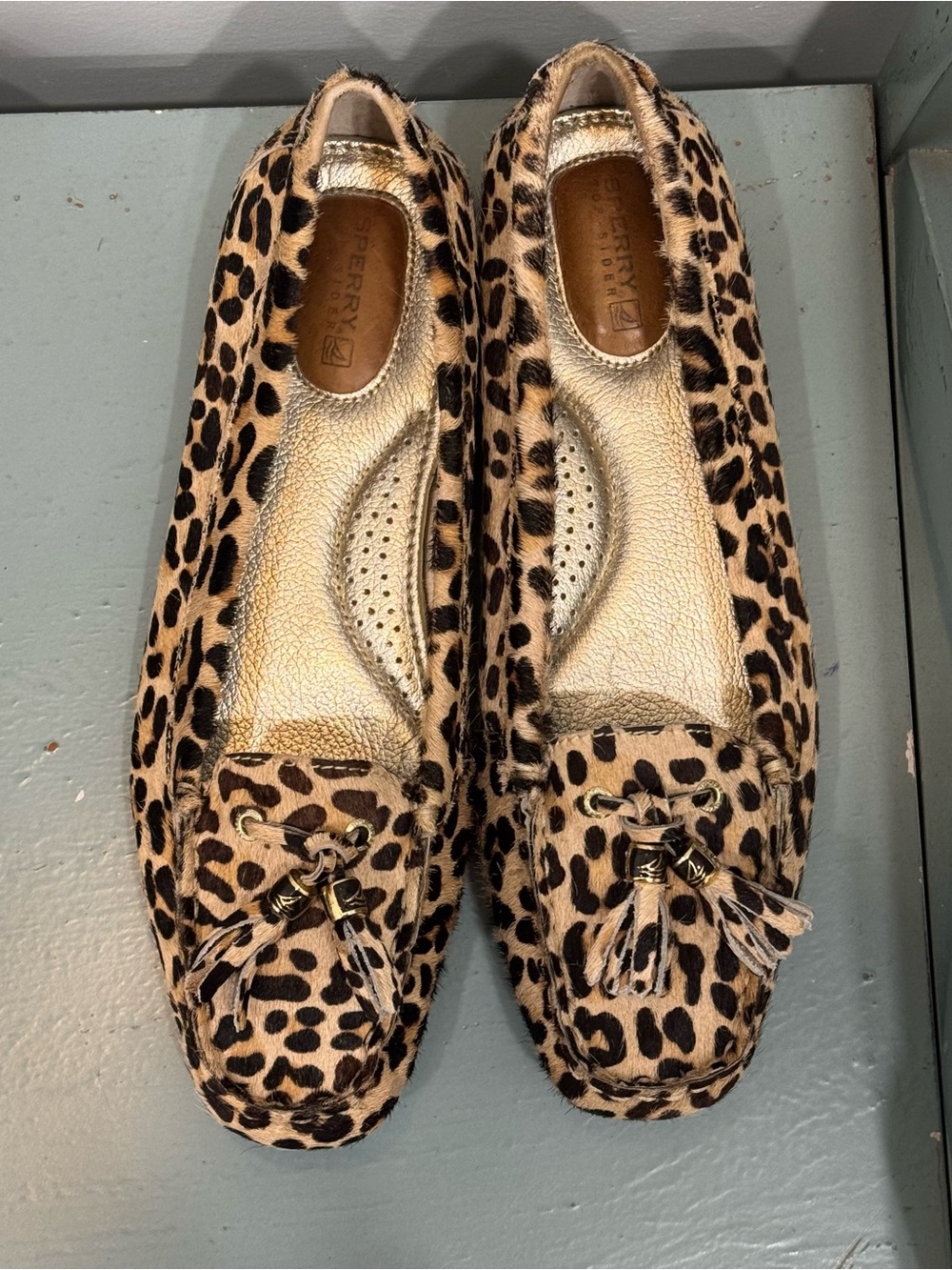 Sperry Old Money Leopard Print Tassel Loafers - Tan/Black size 8